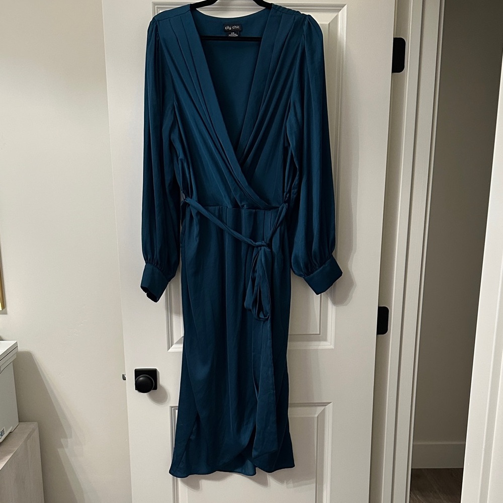 City Chic Teal Wrap Long Sleeve Midi Dress